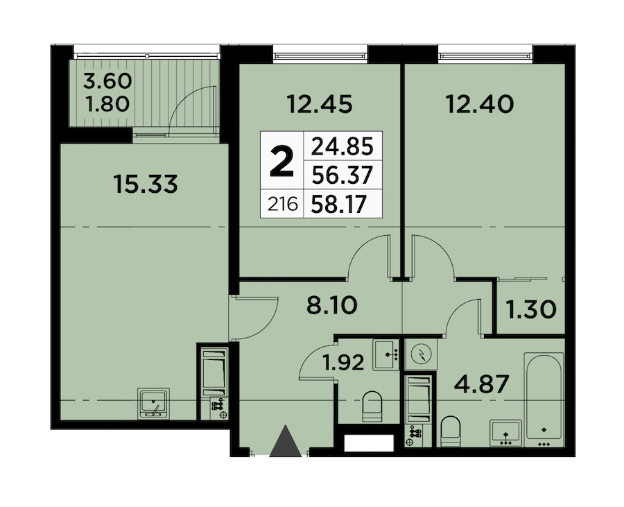 2-комнатная квартира 58.17 м², 11/14 эт., ЖК «GloraX City Zanevsky»